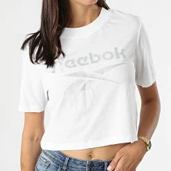 Offres 🎉 Tee 👚 Shirt Crop Femme Reebok Identity GR9387 Blanc Argenté 🎁