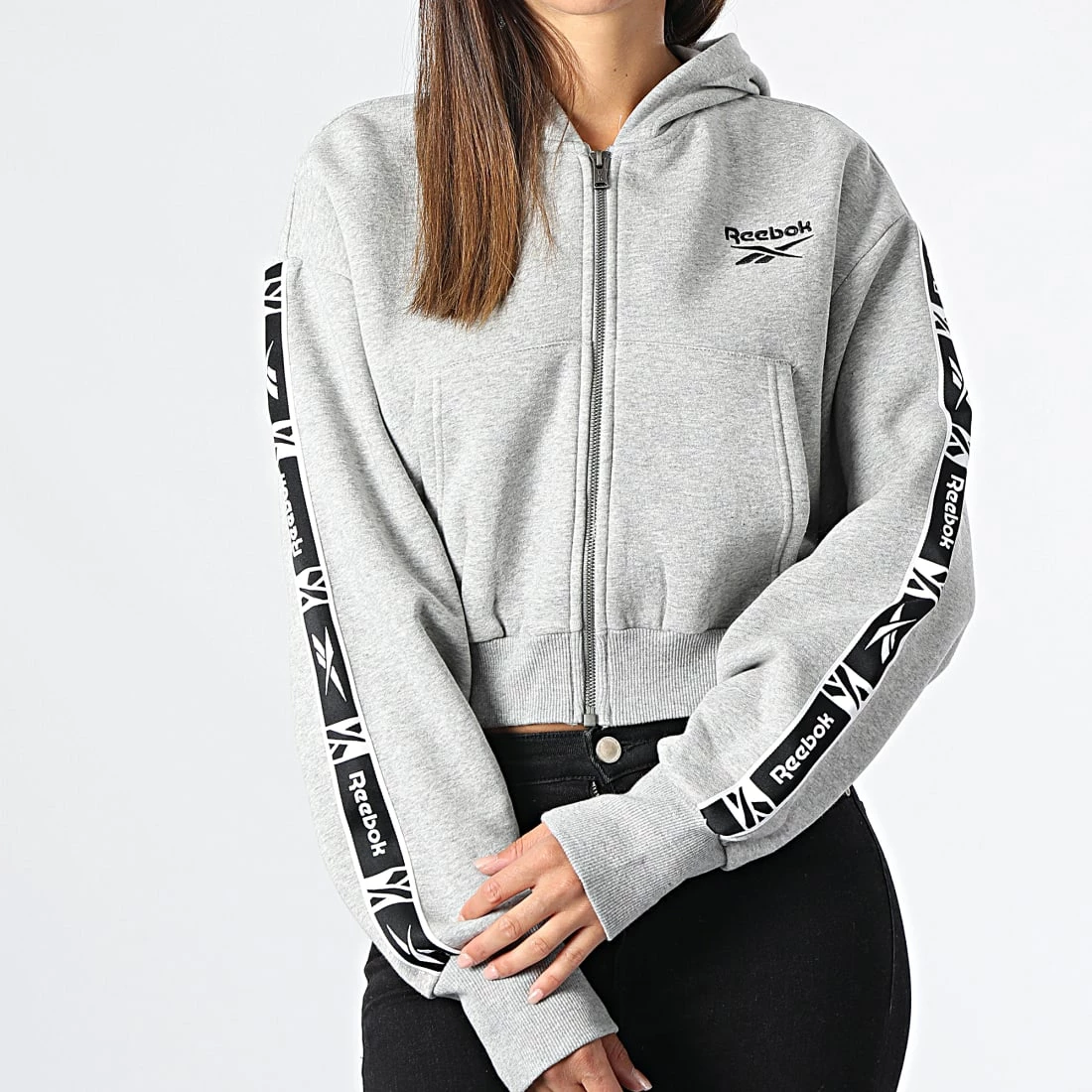 Promo đ„ Sweat Zippé Capuche Femme Crop A Bandes HT3535 Gris Chiné de Reebok â