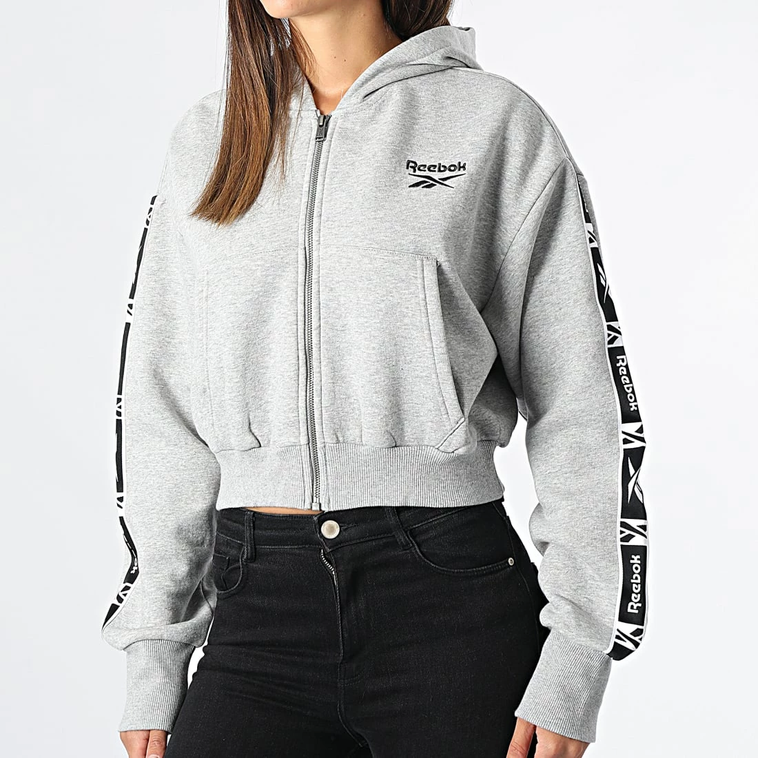 Promo đ„ Sweat Zippé Capuche Femme Crop A Bandes HT3535 Gris Chiné de Reebok â â Image 3