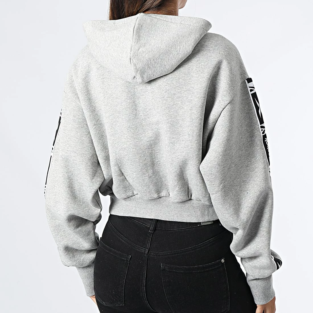 Promo đ„ Sweat Zippé Capuche Femme Crop A Bandes HT3535 Gris Chiné de Reebok â â Image 4